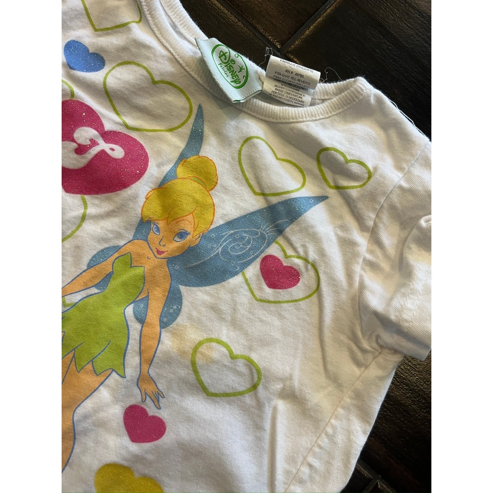 Disney Fairies Tinker Bell Girls White Glitter Heart Graphic T-Shirt Size 5